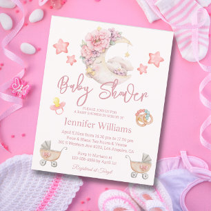 baby shower watercolor floral moon pink invitation