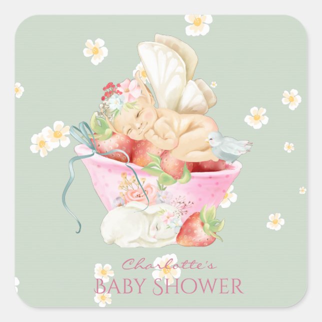 Baby Shower Watercolor Girl Fairy Cute Rabbit Square Sticker (Front)