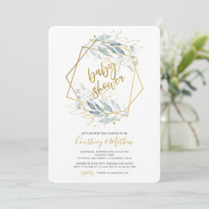 Baby shower watercolor leaves gold frame  invitation