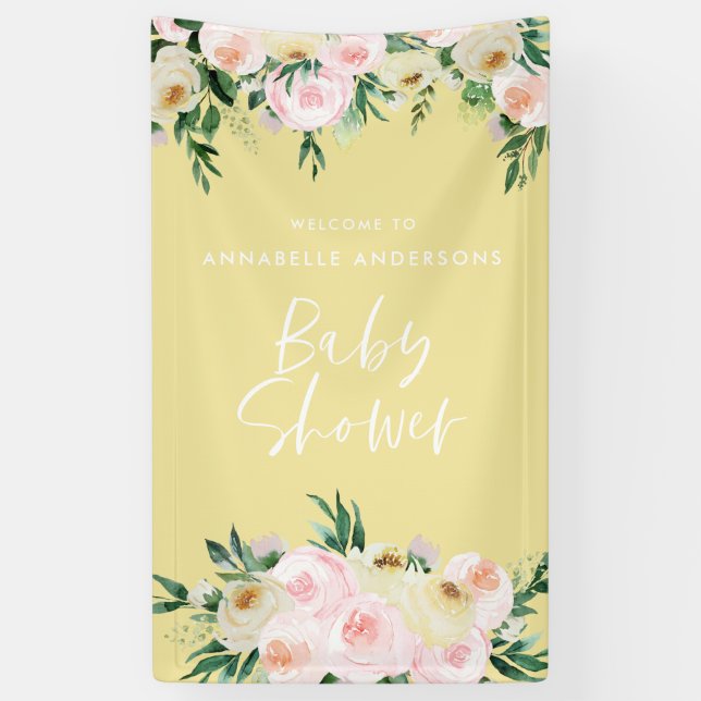 Baby shower watercolor lemon yellow floral script banner (Vertical)