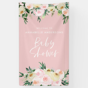 Baby shower watercolor peach pink floral script banner