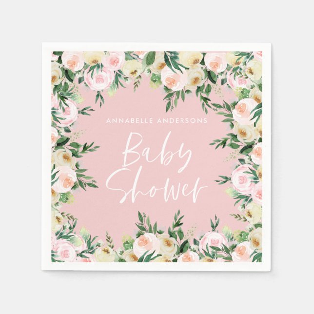 Baby shower watercolor pink floral green girly napkin (Front)