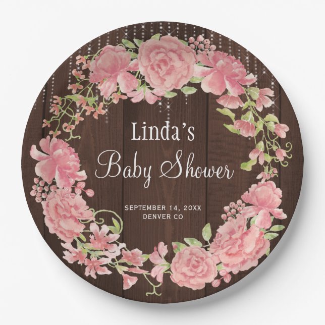 Baby shower watercolor pink floral wood paper plate (Front)