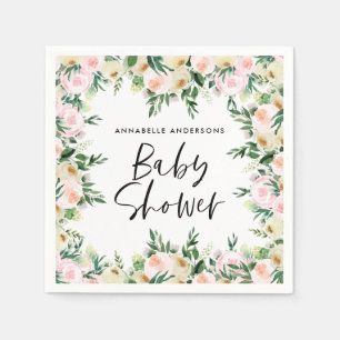 Baby shower watercolor pink girly floral script napkin