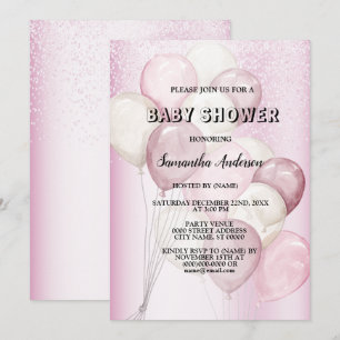 Baby Shower Watercolor Pink White Balloons Party Invitation