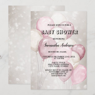 Baby Shower Watercolor Pink White Balloons Party Invitation