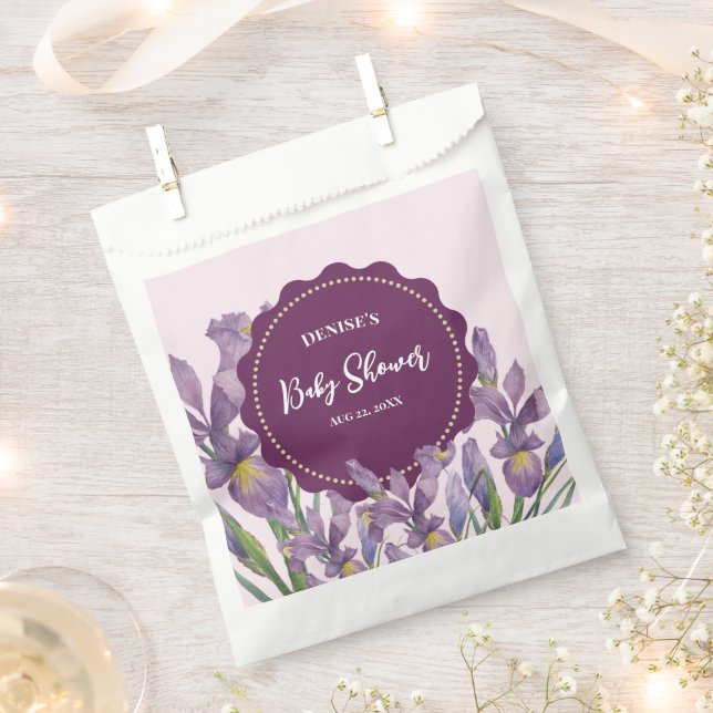 Baby Shower Watercolor Purple Irises Botanical Favour Bags (Clipped)