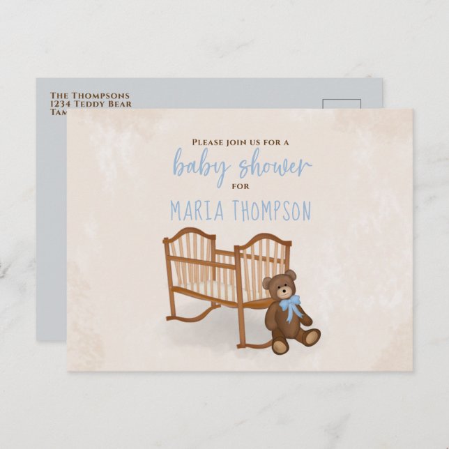 Baby Shower Watercolor Rustic Stuffed Animal Blue Postcard (Front/Back)