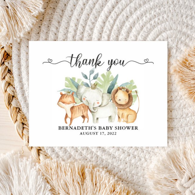 Baby Shower Watercolor Safari Animals Thank You Postcard (Creator Uploaded)