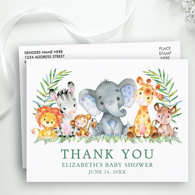 Baby Shower Watercolor Safari Animals Thank You Postcard (Customize to change text size, color or text style.)