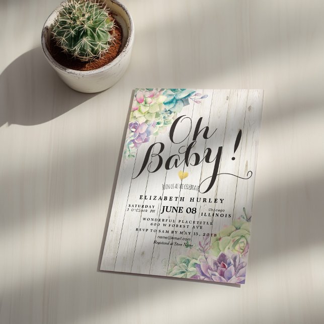 Baby Shower Watercolor Succulent Plants White Wood Invitation (Creator Uploaded)