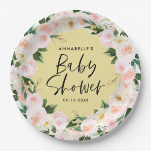 Baby shower watercolor yellow girly floral script paper plate