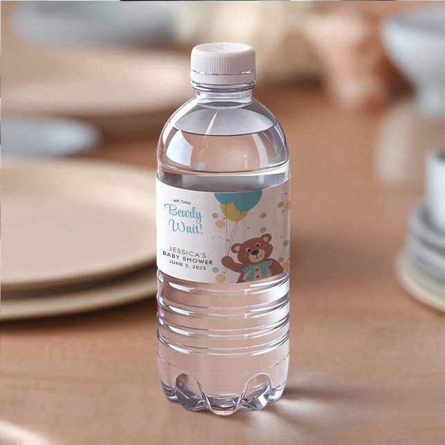Baby Shower We Can Bearly Wait Blue Balloons Cute  Water Bottle Label (Creator Uploaded)