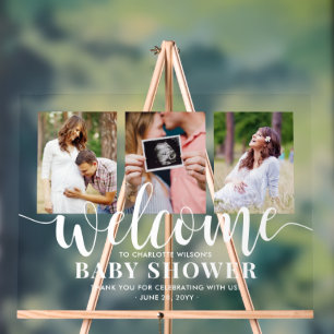 Baby Shower Welcome 3 Photo Collage Modern Script Acrylic Sign
