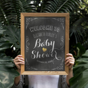Baby Shower Welcome Black White Floral Chalkboard Poster
