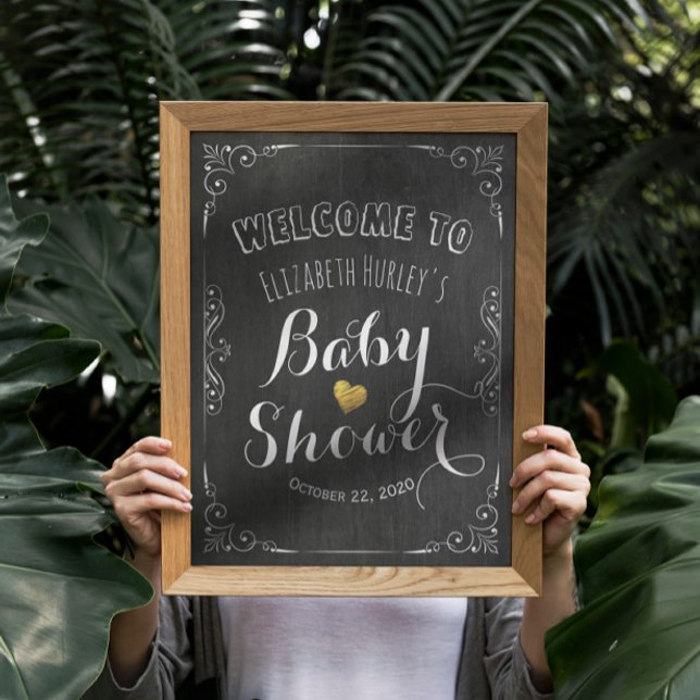 Baby Shower Welcome Black White Floral Chalkboard Poster (Creator Uploaded)