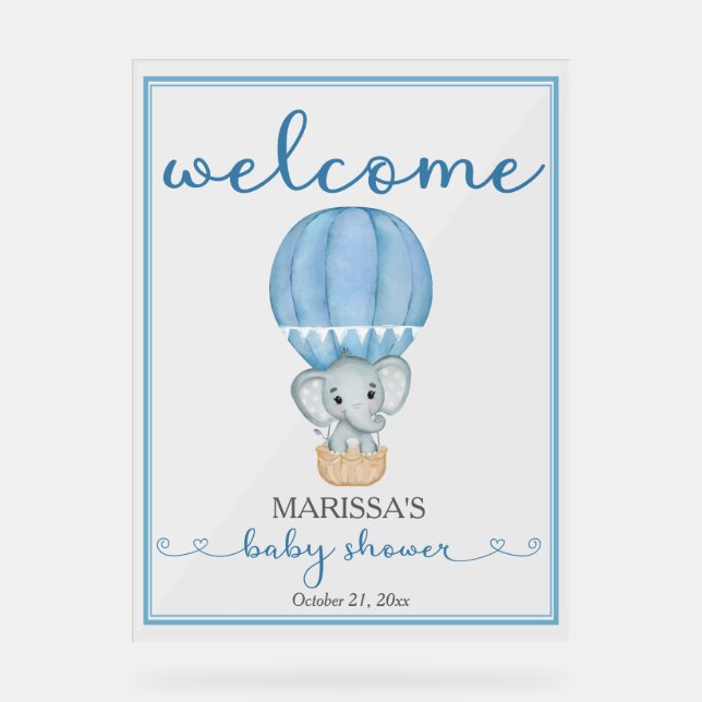 Baby Shower Welcome Blue Elephant Acrylic Sign (Front)