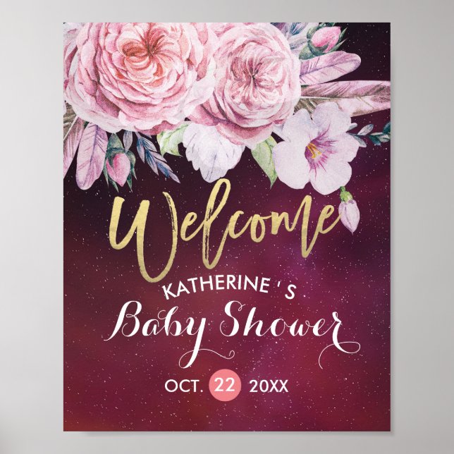 Baby Shower Welcome Floral Feathers Burgundy Red Poster (Front)