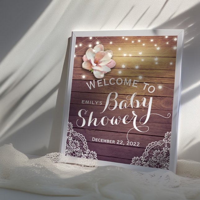 Baby Shower Welcome Sign Floral Lights Wood Lace (Creator Uploaded)