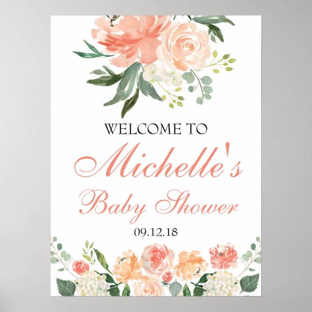 Baby Shower Welcome Sign Peach Floral Boho Rustic (Front)