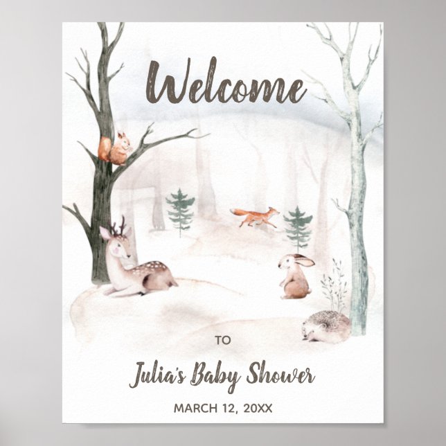 Baby Shower Welcome Sign, Woodland Animals Poster (Front)