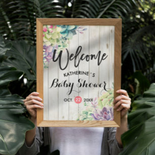Baby Shower Welcome Succulent Plants Rustic Wood Poster