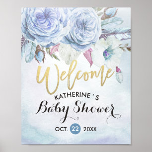 Baby Shower Welcome Watercolor Boho Flower Feather Poster