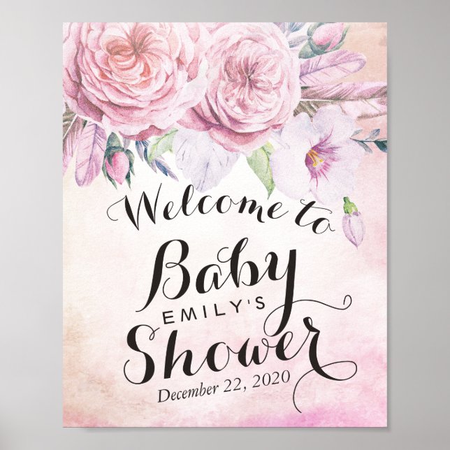 Baby Shower Welcome Watercolor Boho Flower Feather Poster (Front)