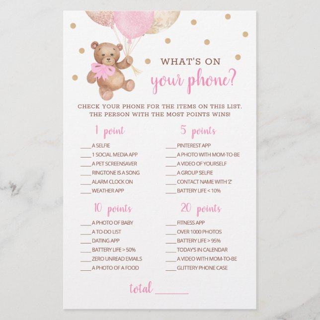 Baby Shower WHat's On Your Phone Game Teddy Bear (Front)