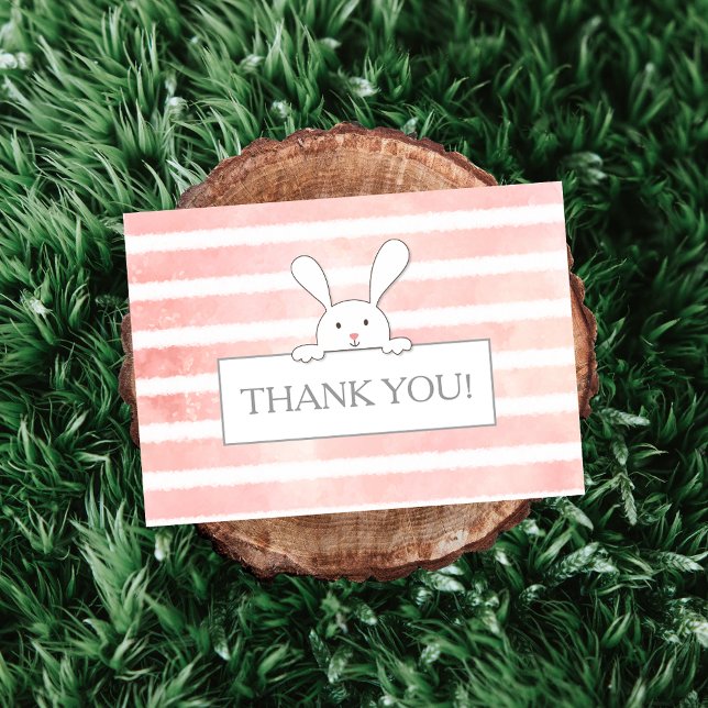 Baby Shower White Bunny Pink Stripe Thank You Card (Creator Uploaded)