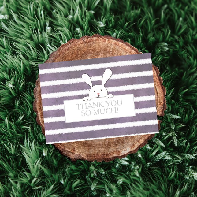 Baby Shower White Bunny Purple Stripe Thank You Card (Creator Uploaded)