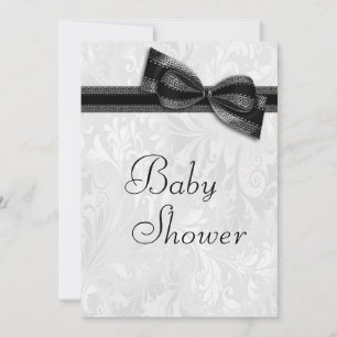 Baby Shower White Damask and Faux Black Bow Invitation