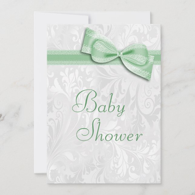 Baby Shower White Damask and Faux  Bow Invitation (Front)