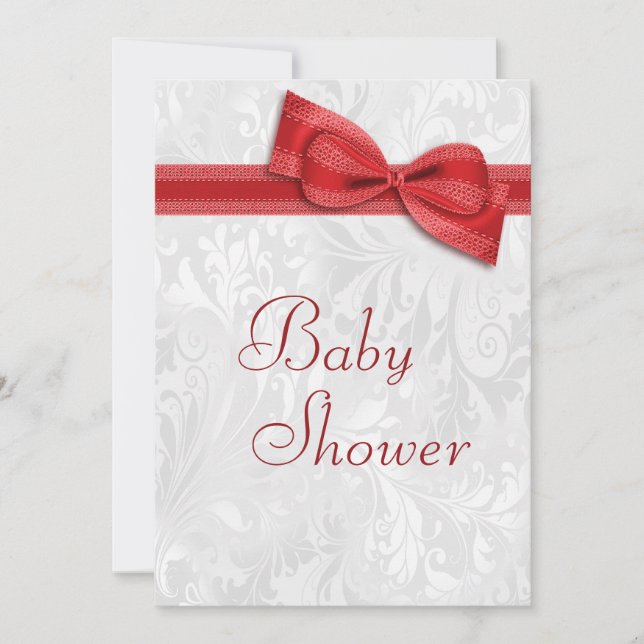 Baby Shower White Damask and Faux  Bow Invitation (Front)