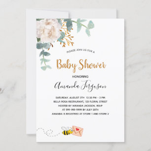 Baby Shower white floral greenery bee Invitation
