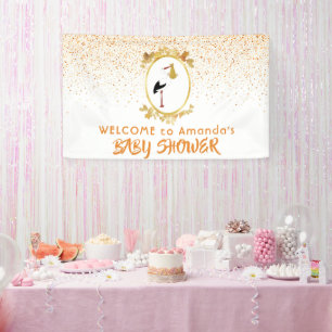 Baby Shower White gold stork welcome Banner