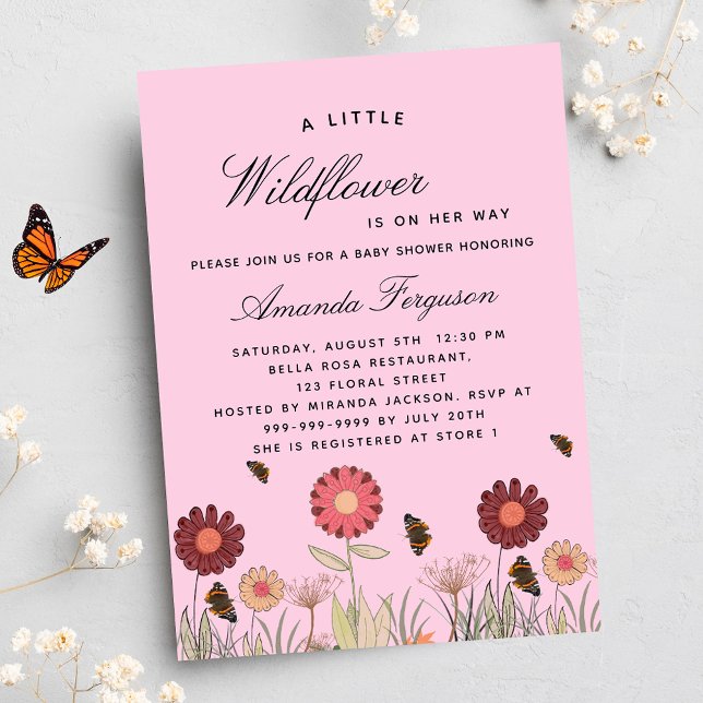 Baby Shower wildflowers butterfly pink luxury Invitation (Creator Uploaded)