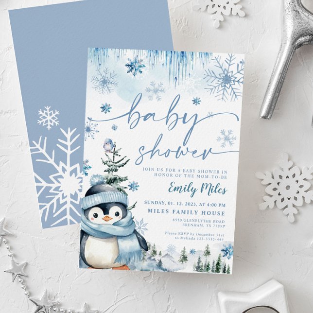 Baby Shower Winter Penguin Blue Invitation (Creator Uploaded)