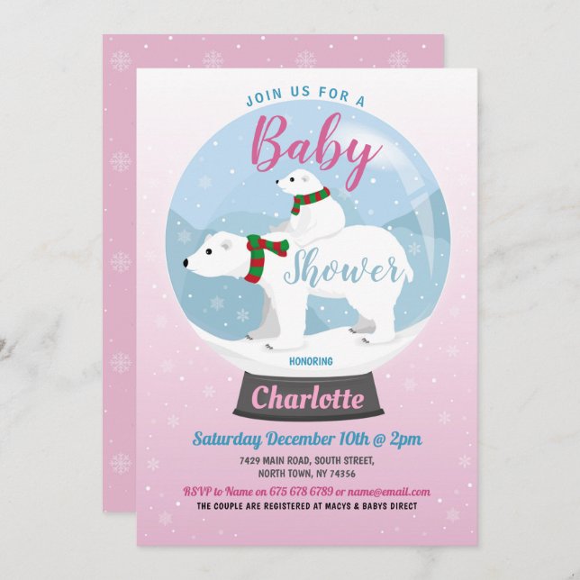 Baby Shower Winter Polar Bears Snow Globe Pink Invitation (Front/Back)