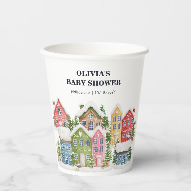 Baby Shower Winter snowy village Paper Cups (Front)