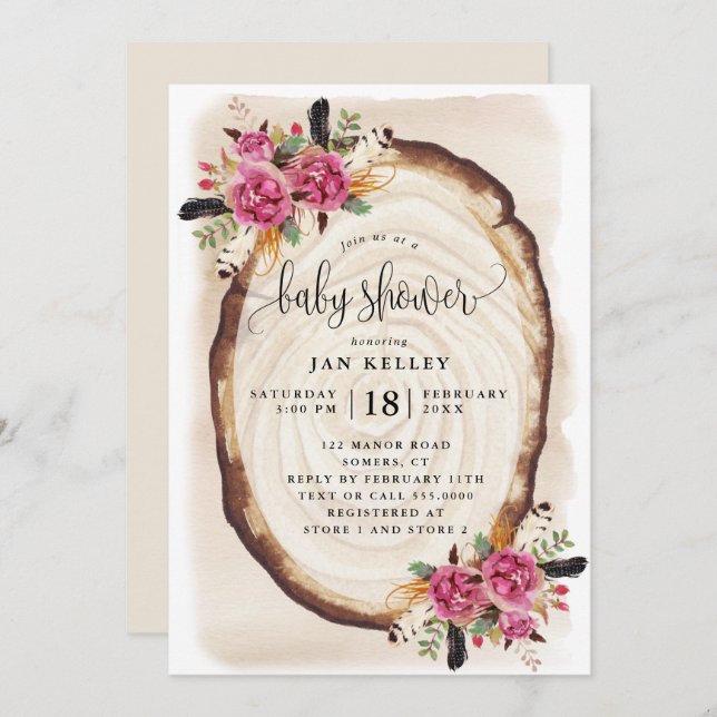 Baby Shower, Wood Slice Pink Floral Invitation (Front/Back)