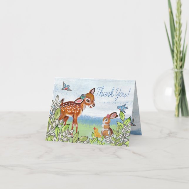 Baby Shower Woodland Animal Deer Bunny Duck Cute Thank You Card (Front)