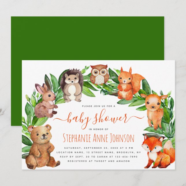 Baby Shower Woodland Animals Watercolor Arch Cute Invitation (Front/Back)