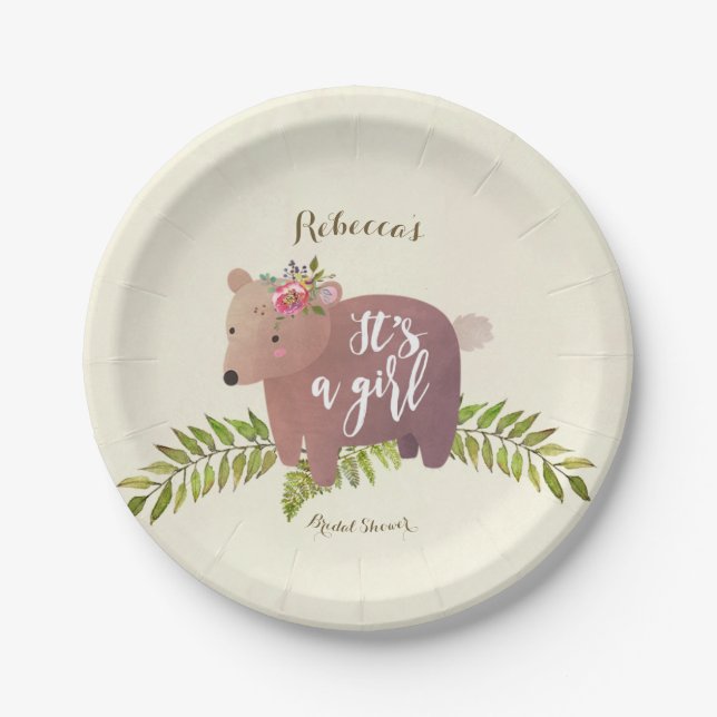 baby shower woodland bear it's a girl paper plate (Front)