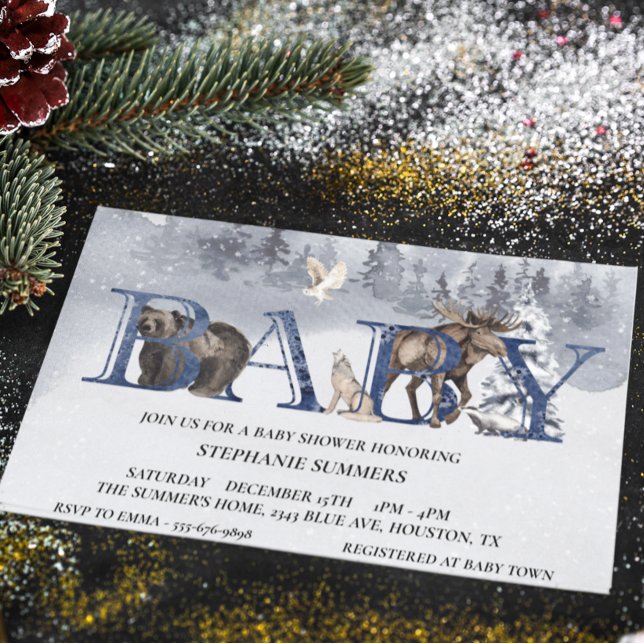 Baby Shower Woodland Bear Winter Watercolor Invitation (Creator Uploaded)