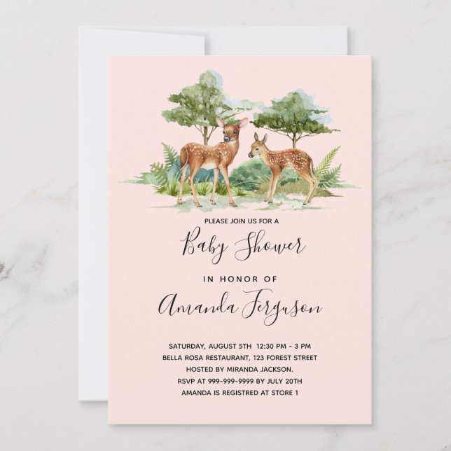 Baby shower woodland forest animals deer blush invitation (Front)