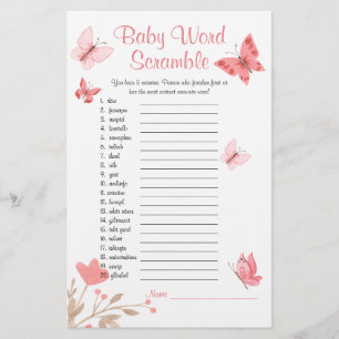 Baby Shower Word Scramble Game Pink Butterflies Flyer