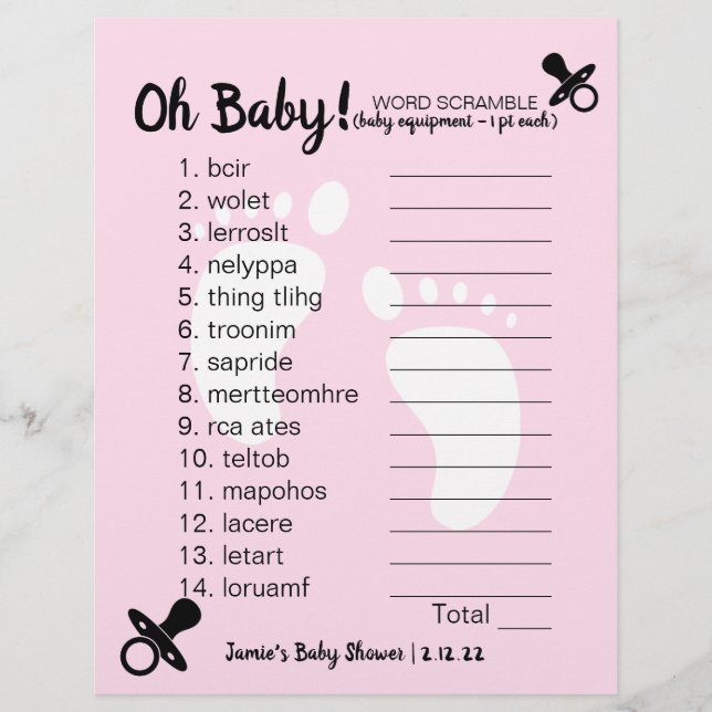 Baby Shower Word Scramble Pink (Front)