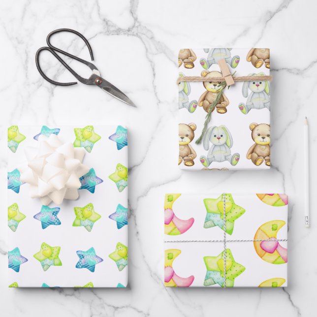 Baby Shower Wrapping Paper Flat Sheet Set of 3 (Front)