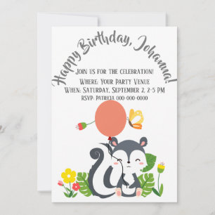 Baby Skunk, Butterfly & Flowers Birthday Invitation